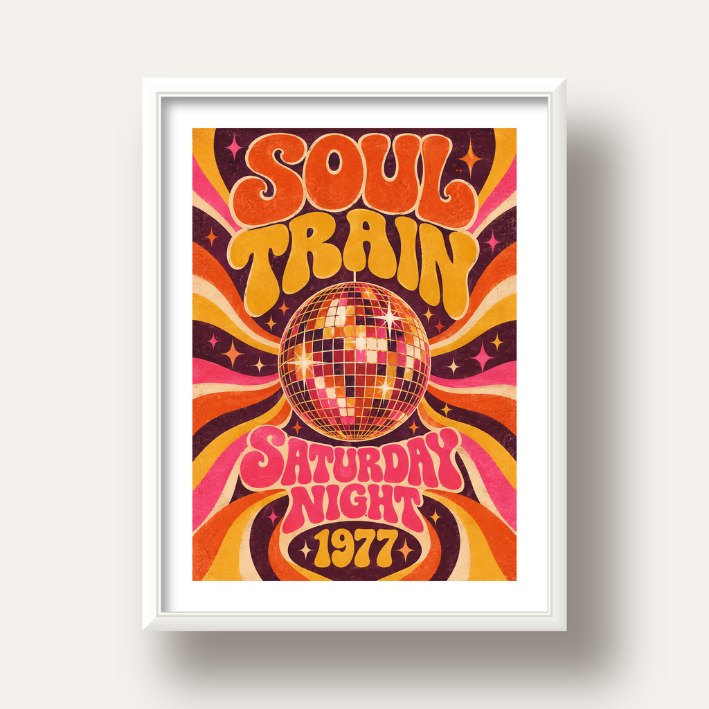 Retro Disko Topu Poster – Soul Train Saturday Night 1977 — beyaz derin çerçeveli paspartulu