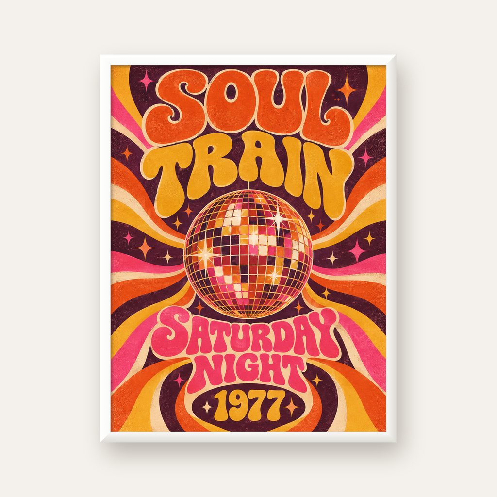 Retro Disko Topu Poster – Soul Train Saturday Night 1977 — beyaz çerçeveli dikey poster