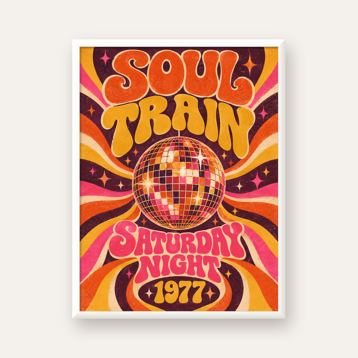 Retro Disko Topu Poster – Soul Train Saturday Night 1977 — beyaz çerçeveli dikey poster
