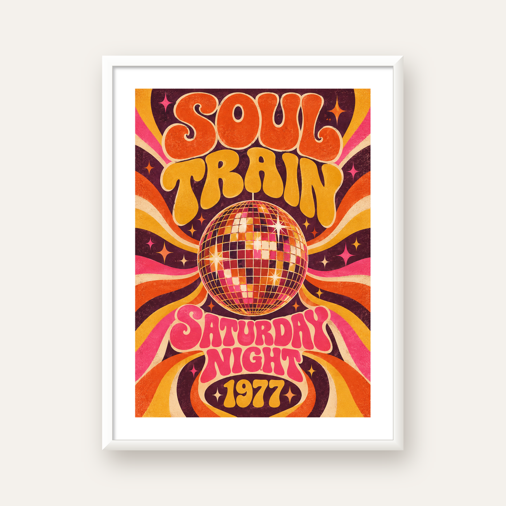 Retro Disko Topu Poster – Soul Train Saturday Night 1977 — beyaz çerçeveli dikey poster