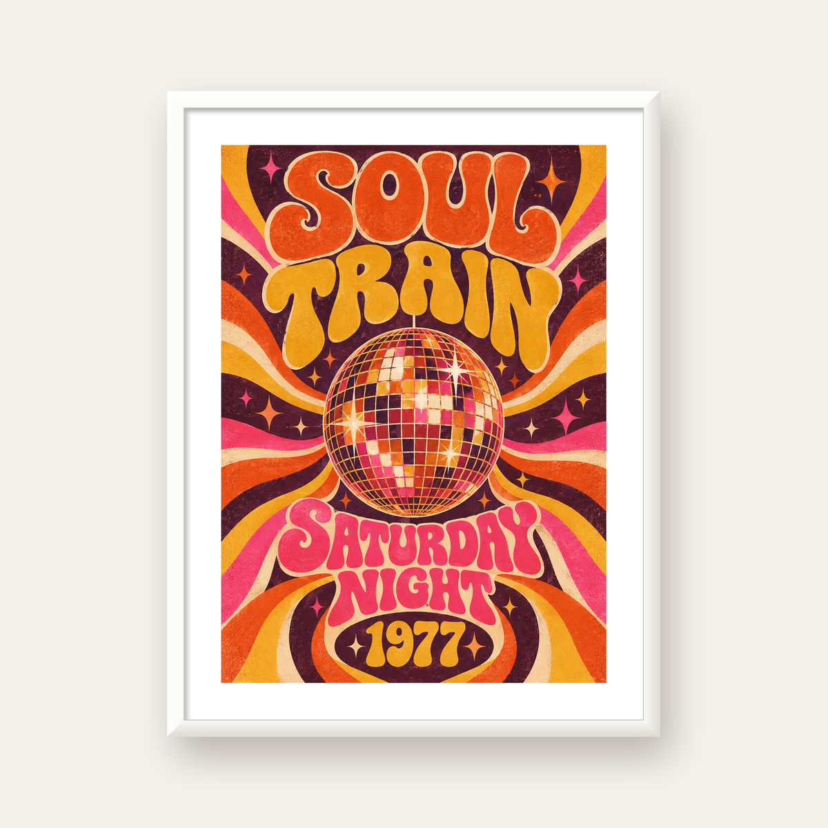 Retro Disko Topu Poster – Soul Train Saturday Night 1977 — beyaz çerçeveli dikey poster