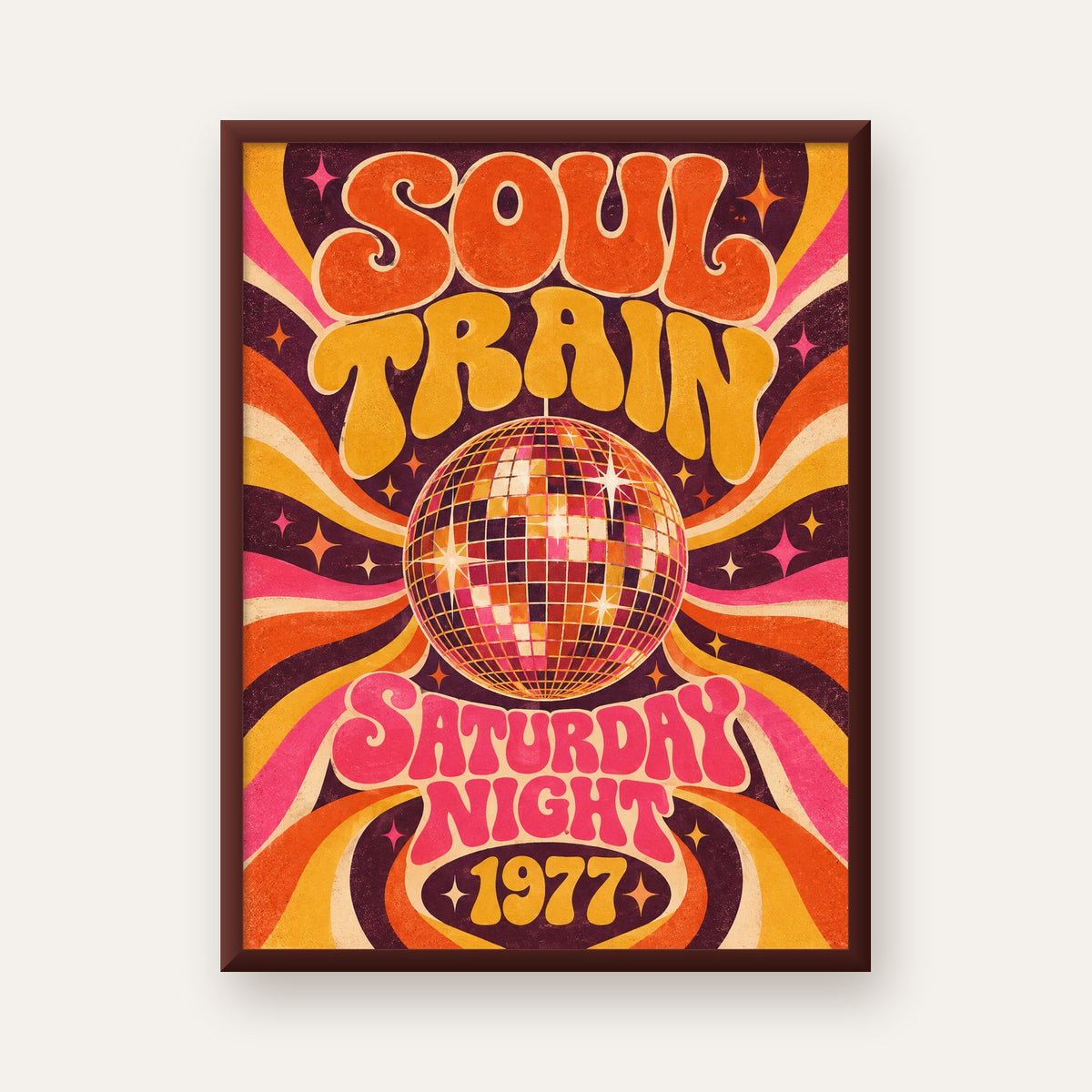 Retro Disko Topu Poster – Soul Train Saturday Night 1977 — ceviz çerçeveli