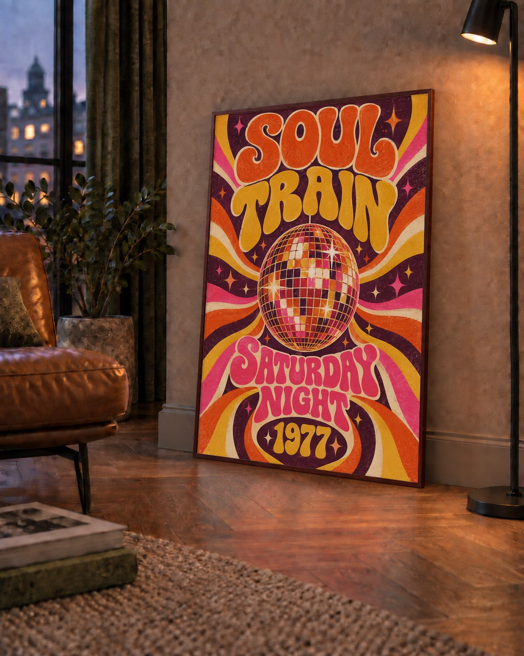 Retro Disko Topu Poster – Soul Train Saturday Night 1977 — çerçeveli hâliyle bir ev duvarında