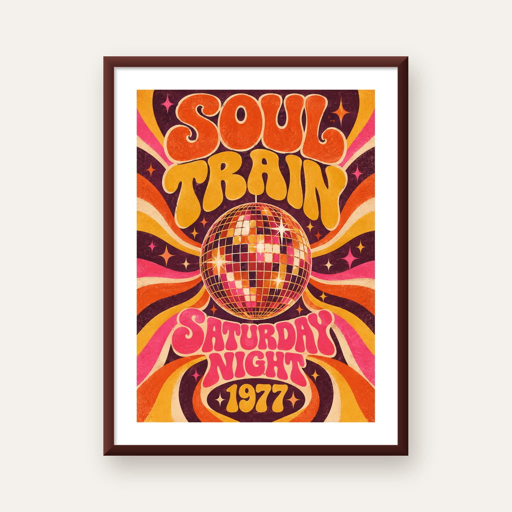 Retro Disko Topu Poster – Soul Train Saturday Night 1977 — ceviz çerçeveli paspartulu