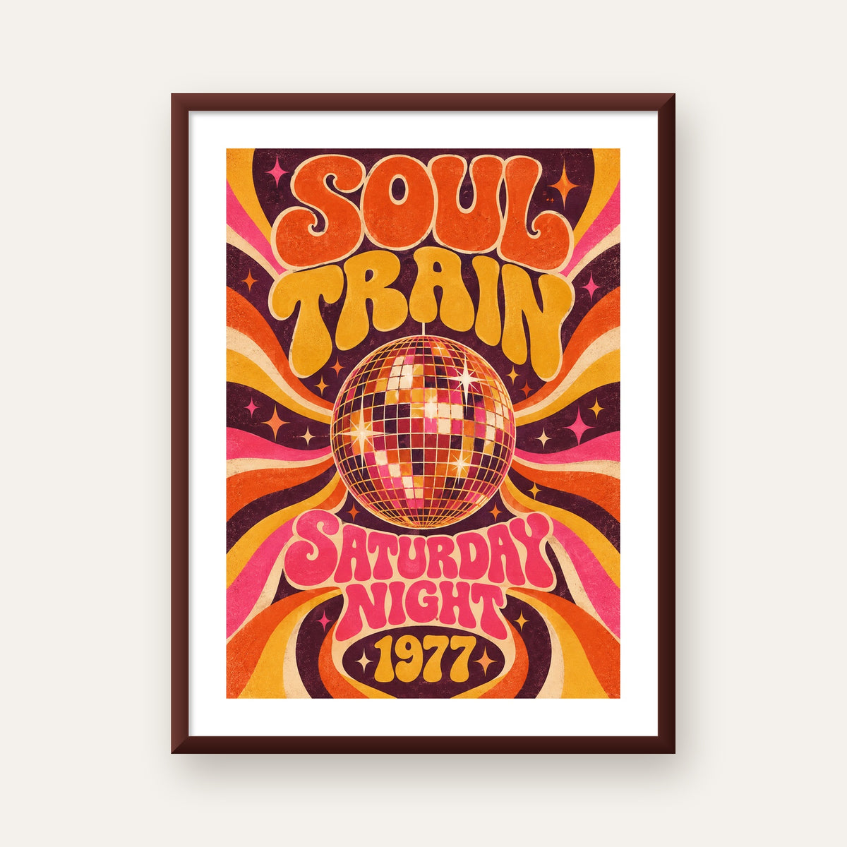Retro Disko Topu Poster – Soul Train Saturday Night 1977 — ceviz çerçeveli paspartulu