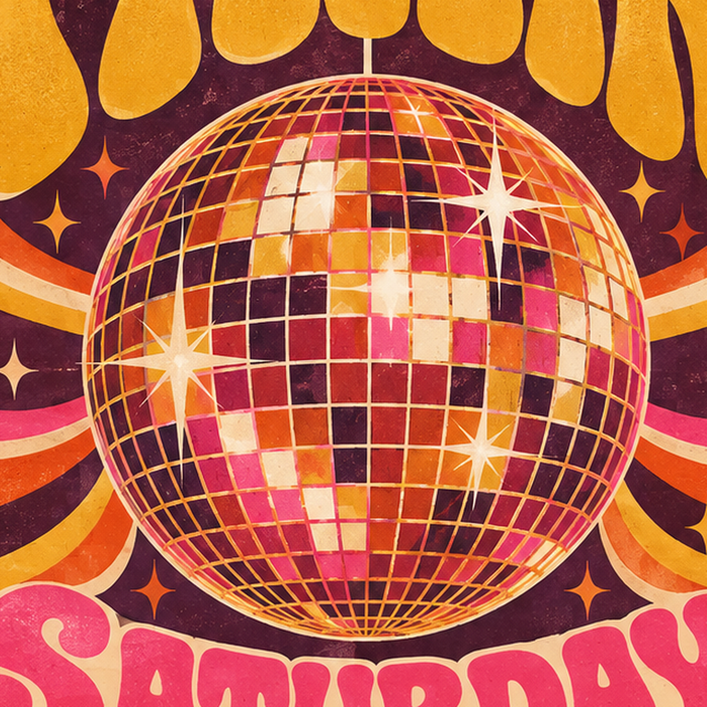 Retro Disko Topu Poster – Soul Train Saturday Night 1977 — baskının yakın çekimi, kâğıt dokusu ve renk detayı