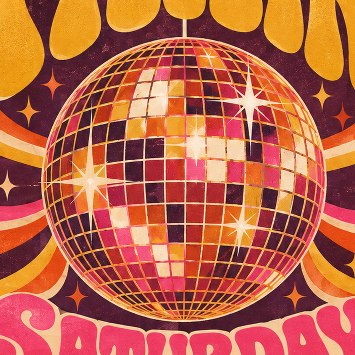 Retro Disko Topu Poster – Soul Train Saturday Night 1977 — baskının yakın çekimi, kâğıt dokusu ve renk detayı
