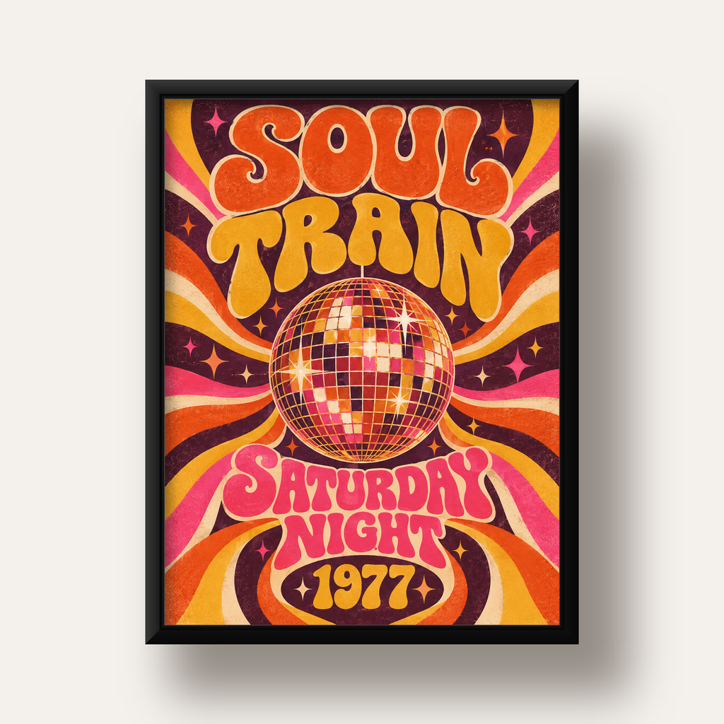 Retro Disko Topu Poster – Soul Train Saturday Night 1977 — siyah derin çerçeveli