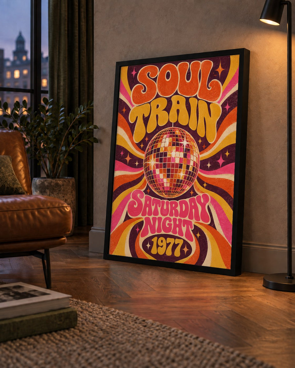 Retro Disko Topu Poster – Soul Train Saturday Night 1977 — çerçeveli hâliyle bir ev duvarında
