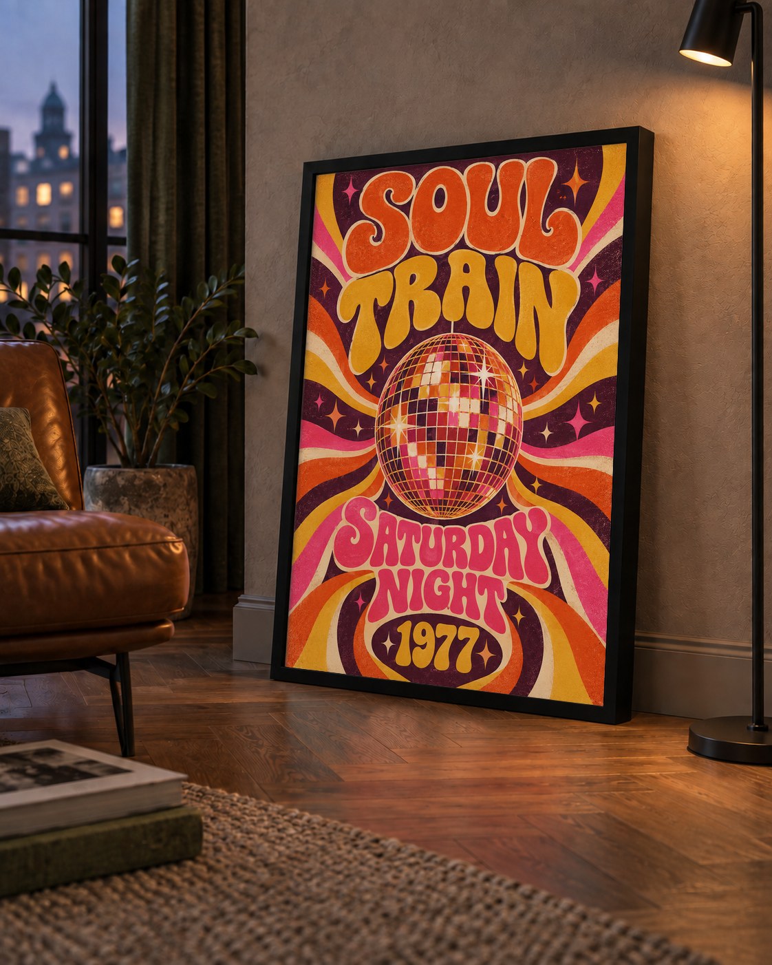 Retro Disko Topu Poster – Soul Train Saturday Night 1977 — çerçeveli hâliyle bir ev duvarında