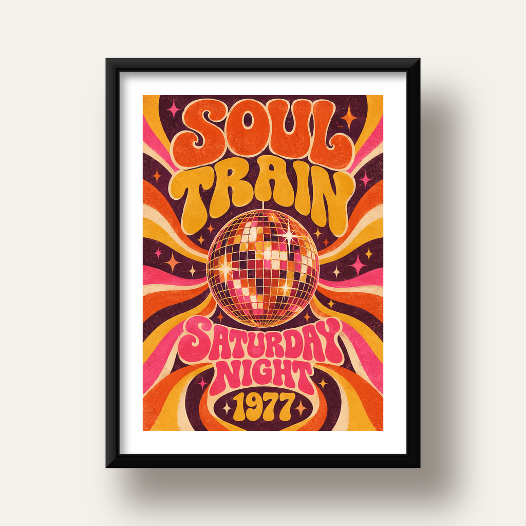 Retro Disko Topu Poster – Soul Train Saturday Night 1977 — siyah derin çerçeveli paspartulu