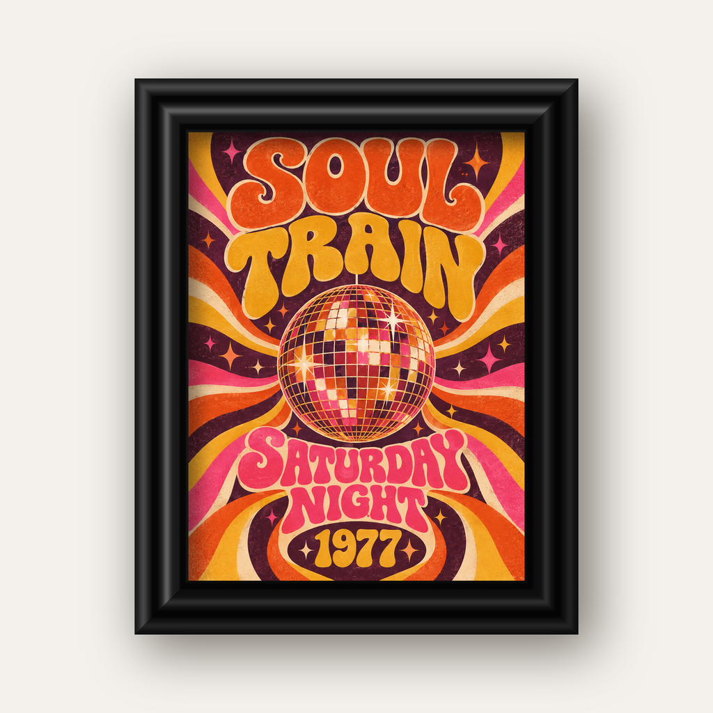 Retro Disko Topu Poster – Soul Train Saturday Night 1977 — siyah galeri çerçeveli