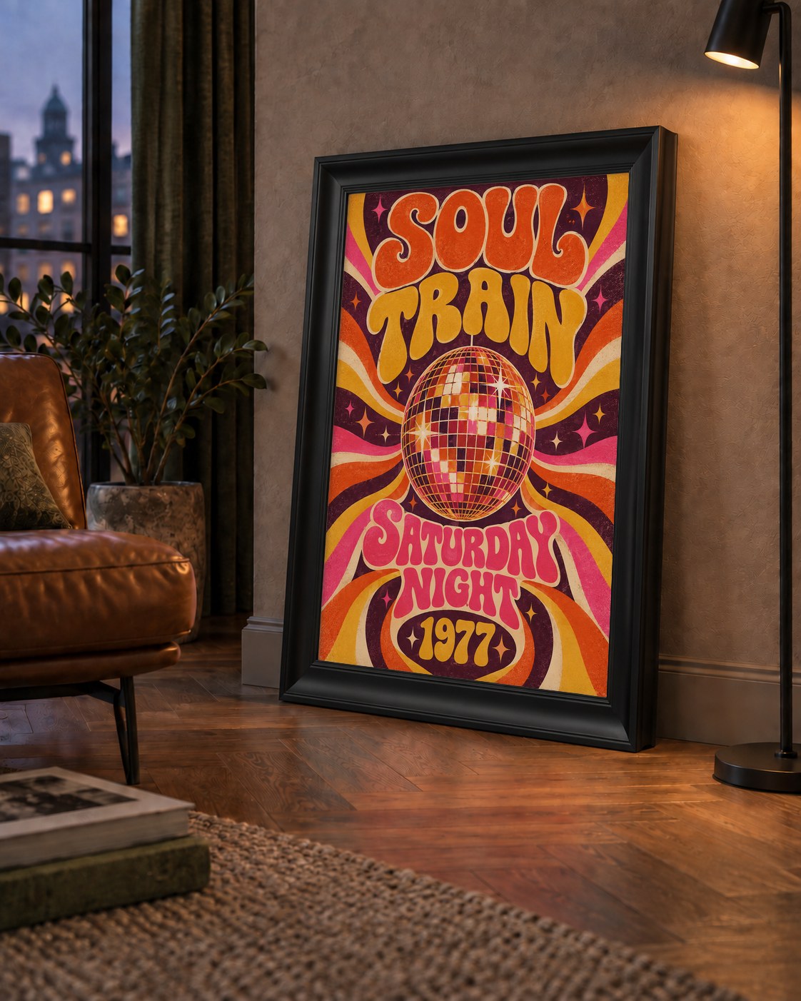 Retro Disko Topu Poster – Soul Train Saturday Night 1977 — çerçeveli hâliyle bir ev duvarında