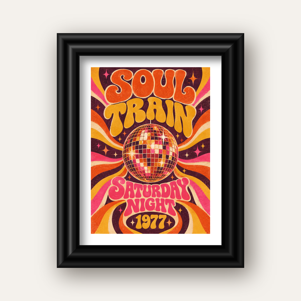 Retro Disko Topu Poster – Soul Train Saturday Night 1977 — siyah galeri çerçeveli paspartulu