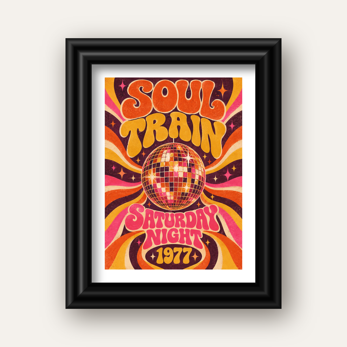 Retro Disko Topu Poster – Soul Train Saturday Night 1977 — siyah galeri çerçeveli paspartulu