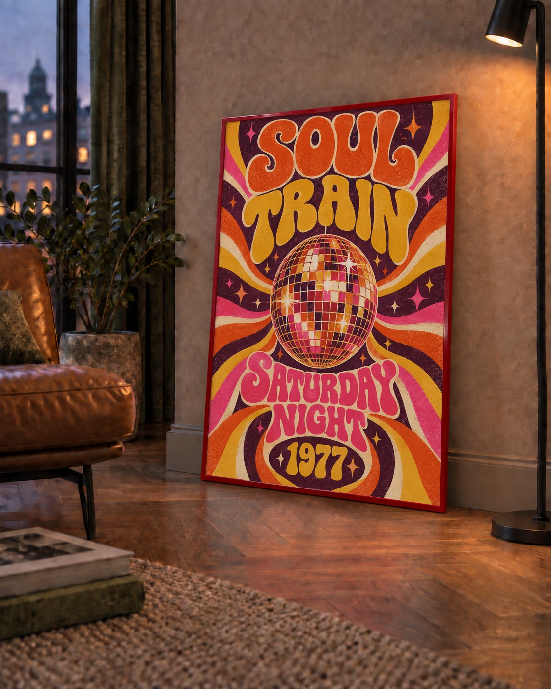 Retro Disko Topu Poster – Soul Train Saturday Night 1977 — çerçeveli hâliyle bir ev duvarında