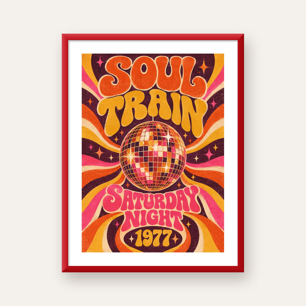 Retro Disko Topu Poster – Soul Train Saturday Night 1977 — kırmızı çerçeveli paspartulu