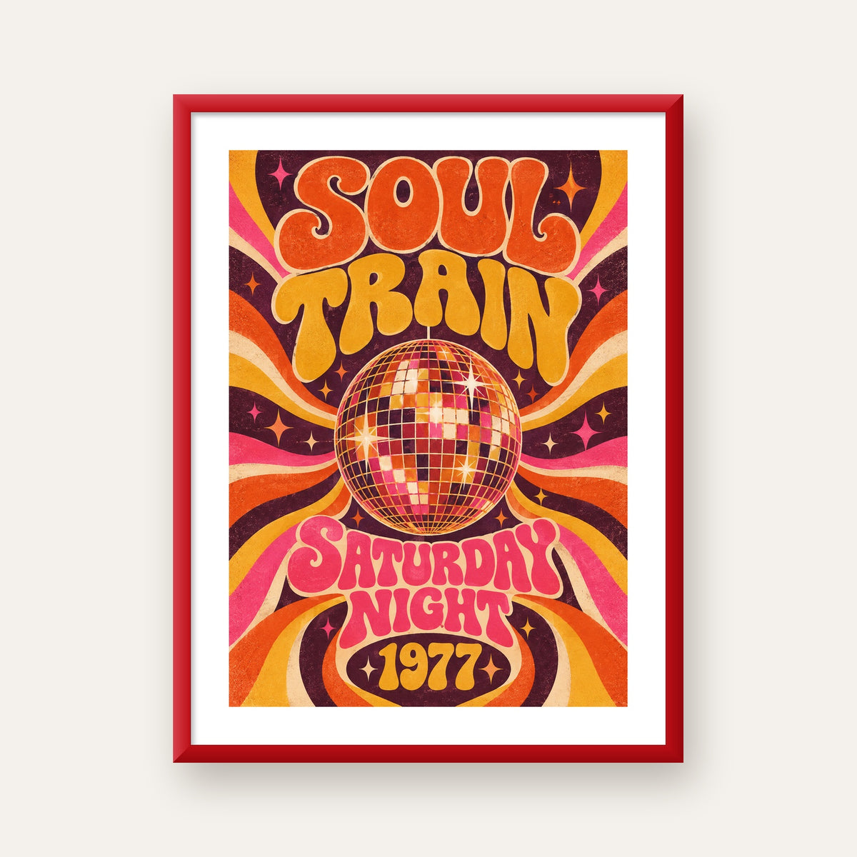 Retro Disko Topu Poster – Soul Train Saturday Night 1977 — kırmızı çerçeveli paspartulu