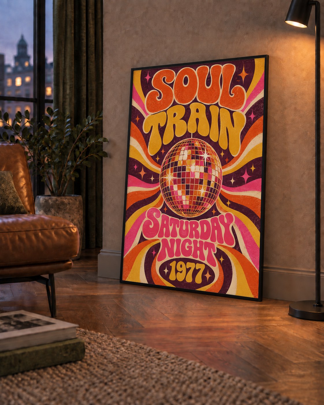 Retro Disko Topu Poster – Soul Train Saturday Night 1977 — çerçeveli hâliyle bir ev duvarında