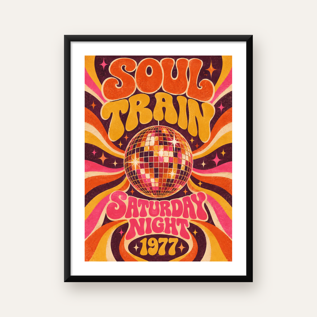 Retro Disko Topu Poster – Soul Train Saturday Night 1977 — Dikey baskı, beyaz paspartulu