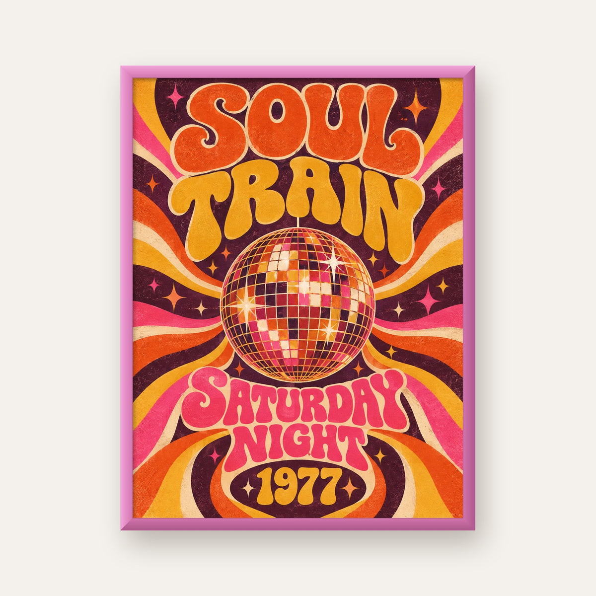 Retro Disko Topu Poster – Soul Train Saturday Night 1977 — pembe çerçeveli