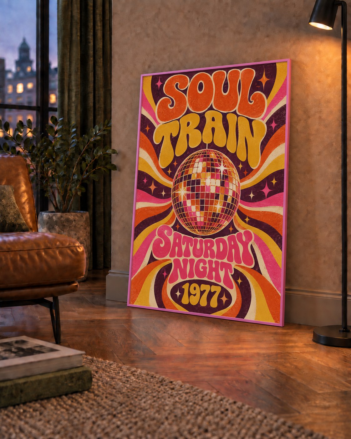 Retro Disko Topu Poster – Soul Train Saturday Night 1977 — çerçeveli hâliyle bir ev duvarında