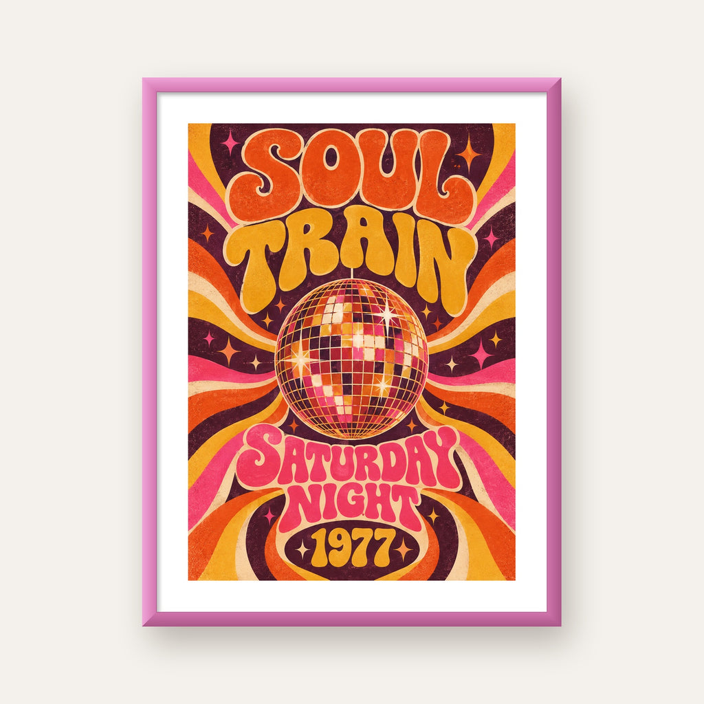 Retro Disko Topu Poster – Soul Train Saturday Night 1977 — pembe çerçeveli paspartulu