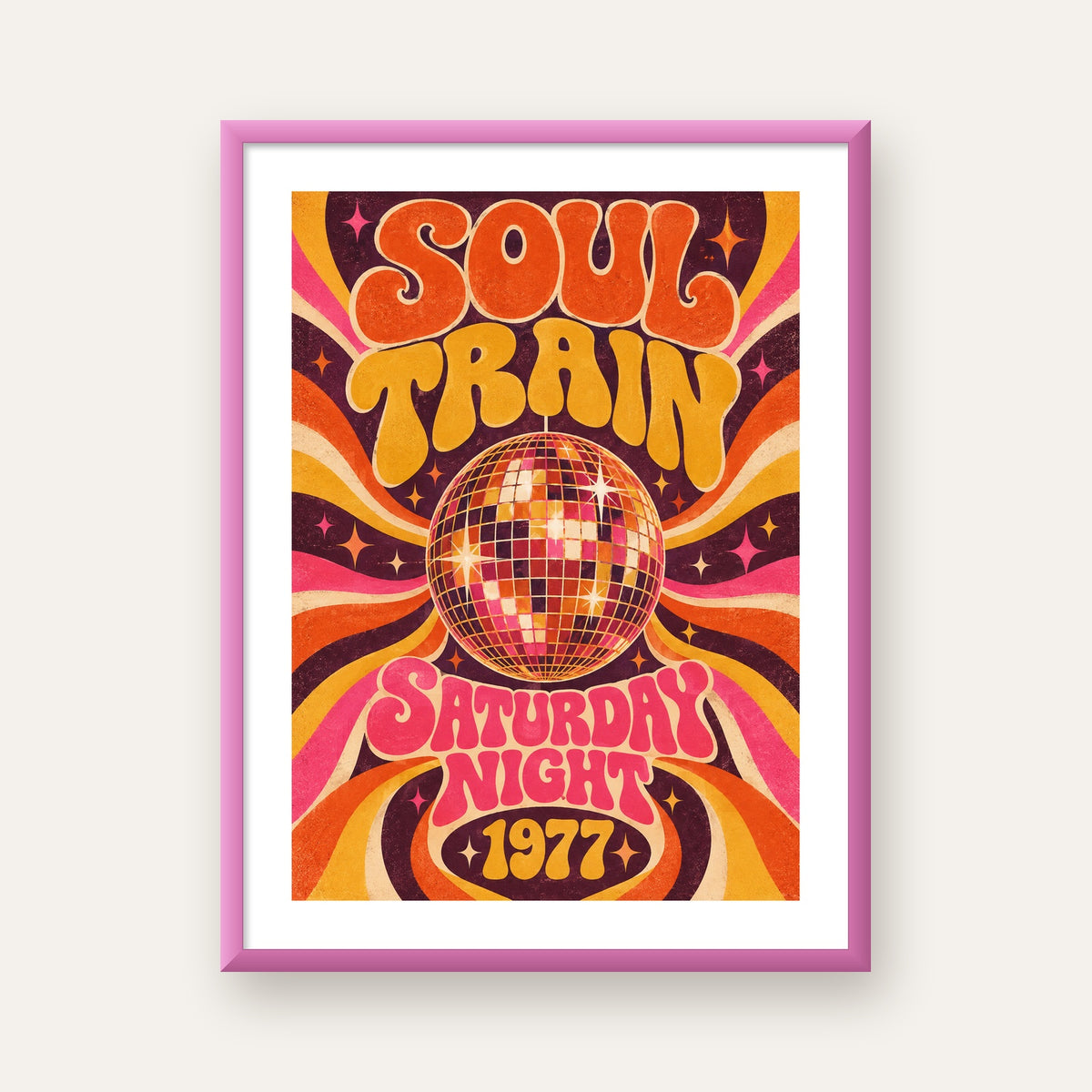 Retro Disko Topu Poster – Soul Train Saturday Night 1977 — pembe çerçeveli paspartulu