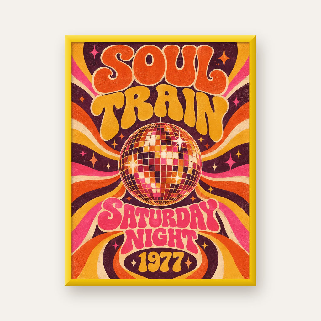 Retro Disko Topu Poster – Soul Train Saturday Night 1977 — sarı çerçeveli