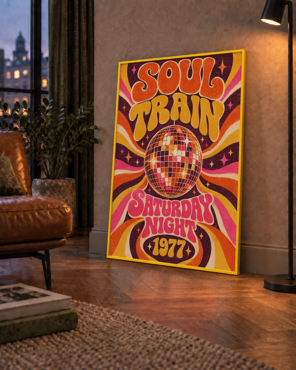 Retro Disko Topu Poster – Soul Train Saturday Night 1977 — çerçeveli hâliyle bir ev duvarında