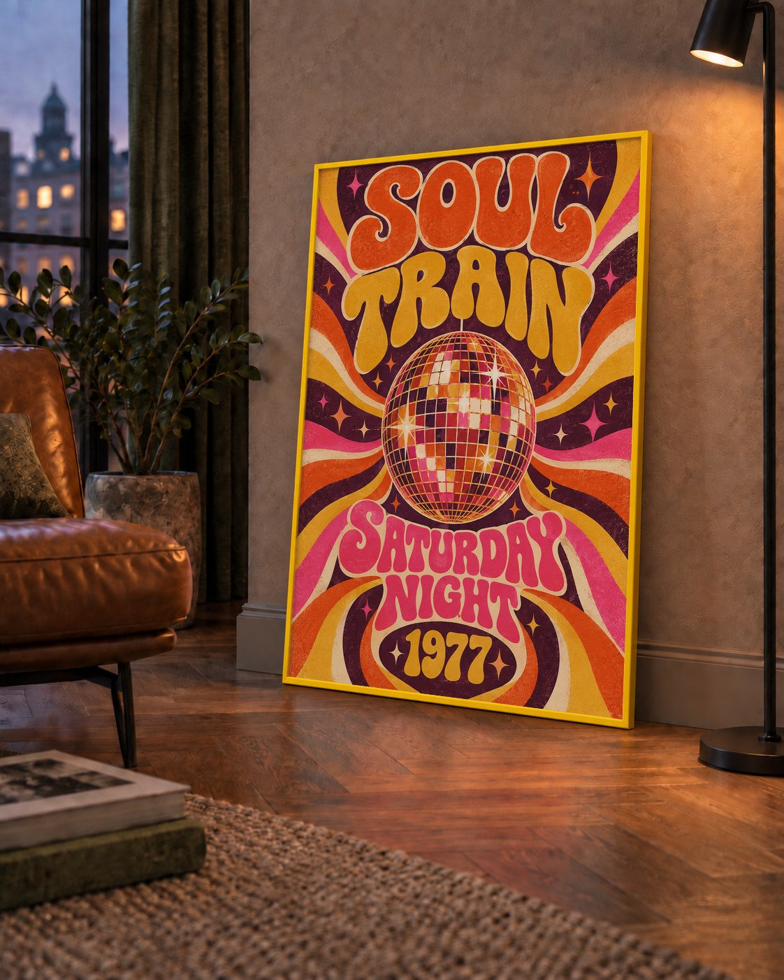 Retro Disko Topu Poster – Soul Train Saturday Night 1977 — çerçeveli hâliyle bir ev duvarında