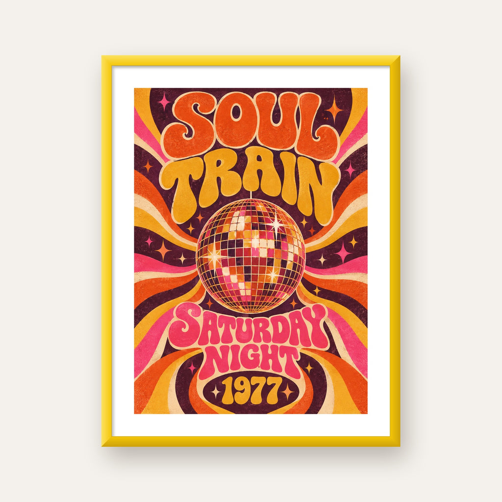 Retro Disko Topu Poster – Soul Train Saturday Night 1977 — sarı çerçeveli paspartulu