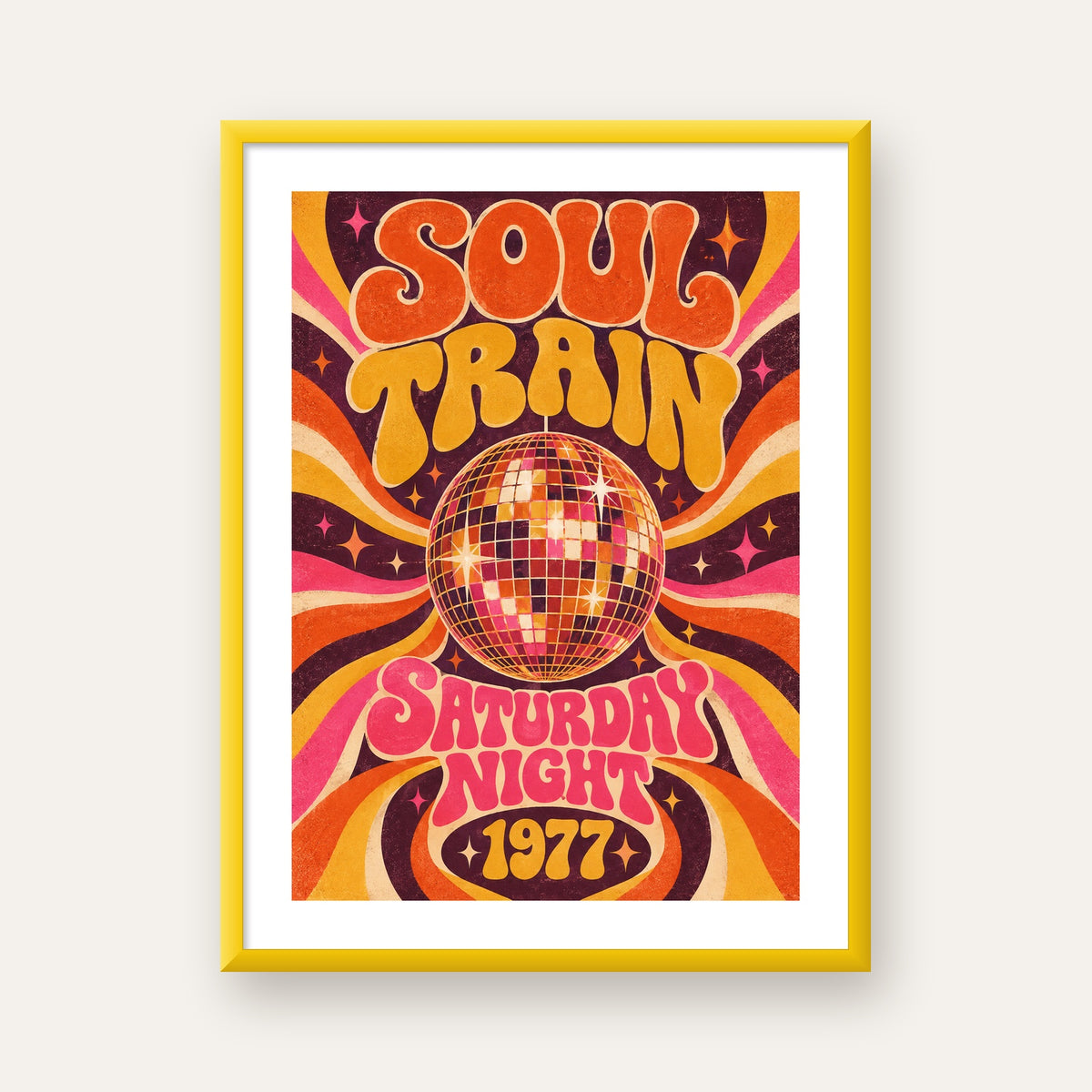 Retro Disko Topu Poster – Soul Train Saturday Night 1977 — sarı çerçeveli paspartulu
