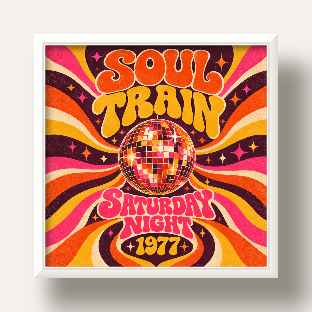 Retro Disko Topu Poster – Soul Train Saturday Night 1977 — beyaz derin çerçeveli