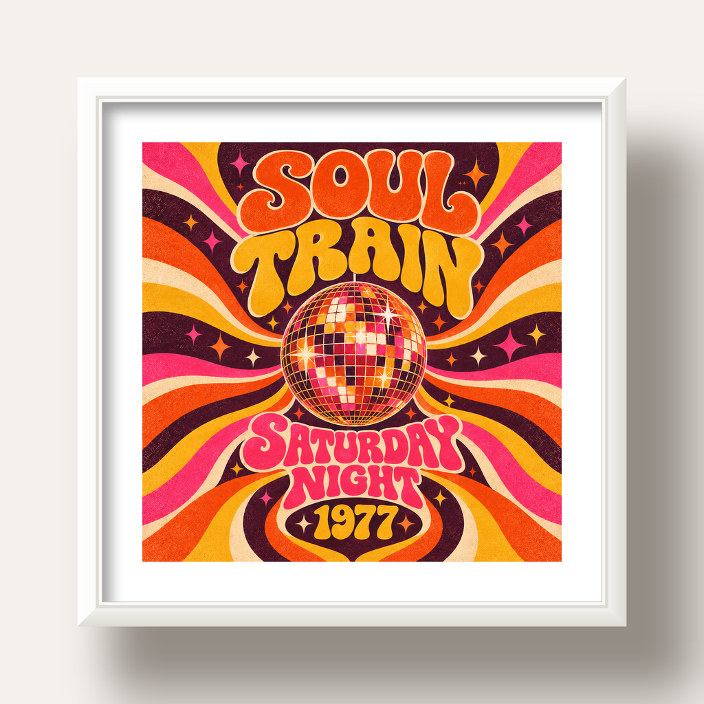 Retro Disko Topu Poster – Soul Train Saturday Night 1977 — beyaz derin çerçeveli paspartulu