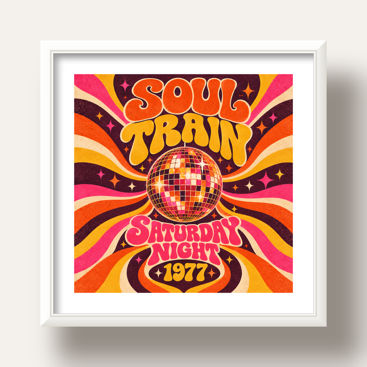Retro Disko Topu Poster – Soul Train Saturday Night 1977 — beyaz derin çerçeveli paspartulu