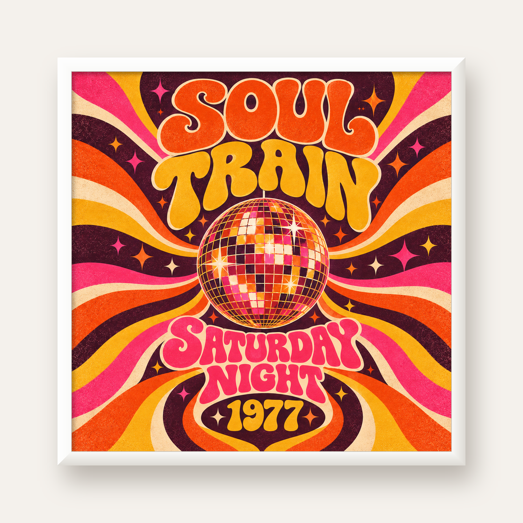 Retro Disko Topu Poster – Soul Train Saturday Night 1977 — beyaz çerçeveli kare poster