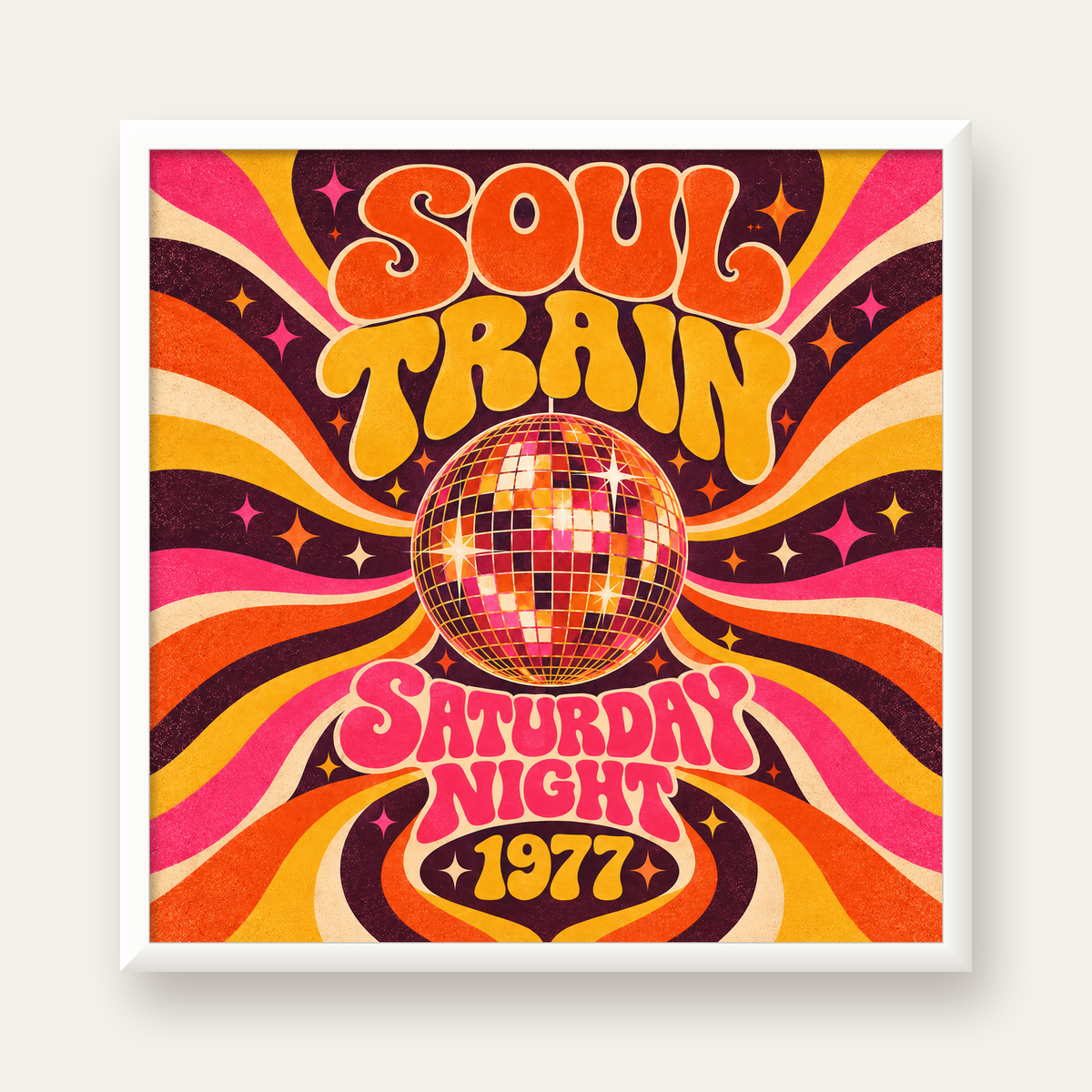 Retro Disko Topu Poster – Soul Train Saturday Night 1977 — beyaz çerçeveli kare poster