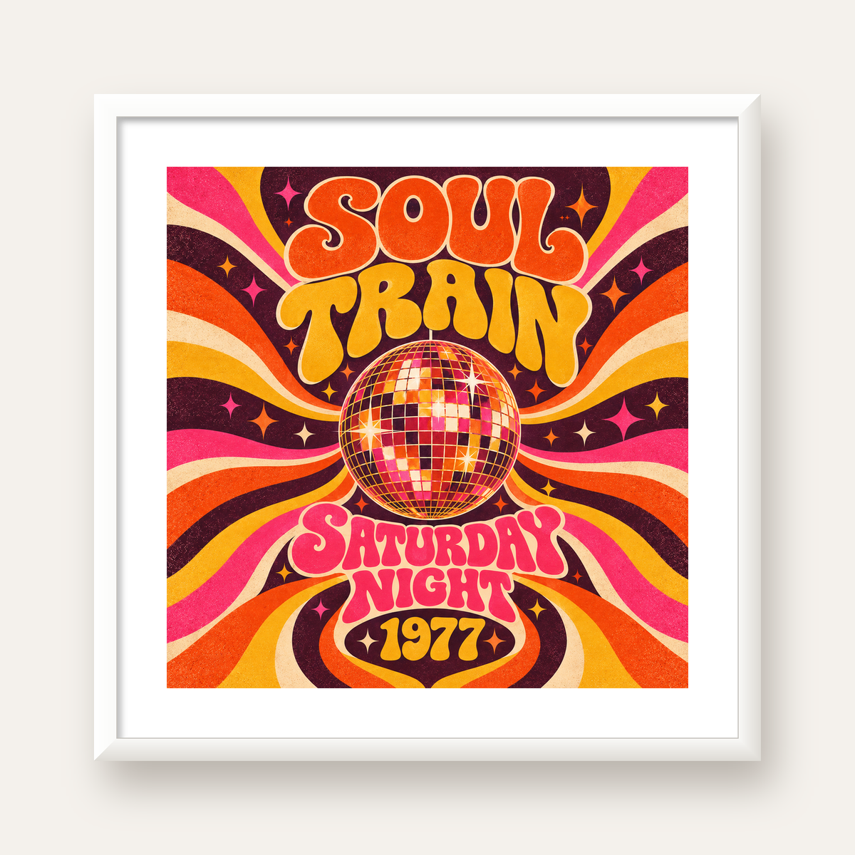 Retro Disko Topu Poster – Soul Train Saturday Night 1977 — beyaz çerçeveli kare poster