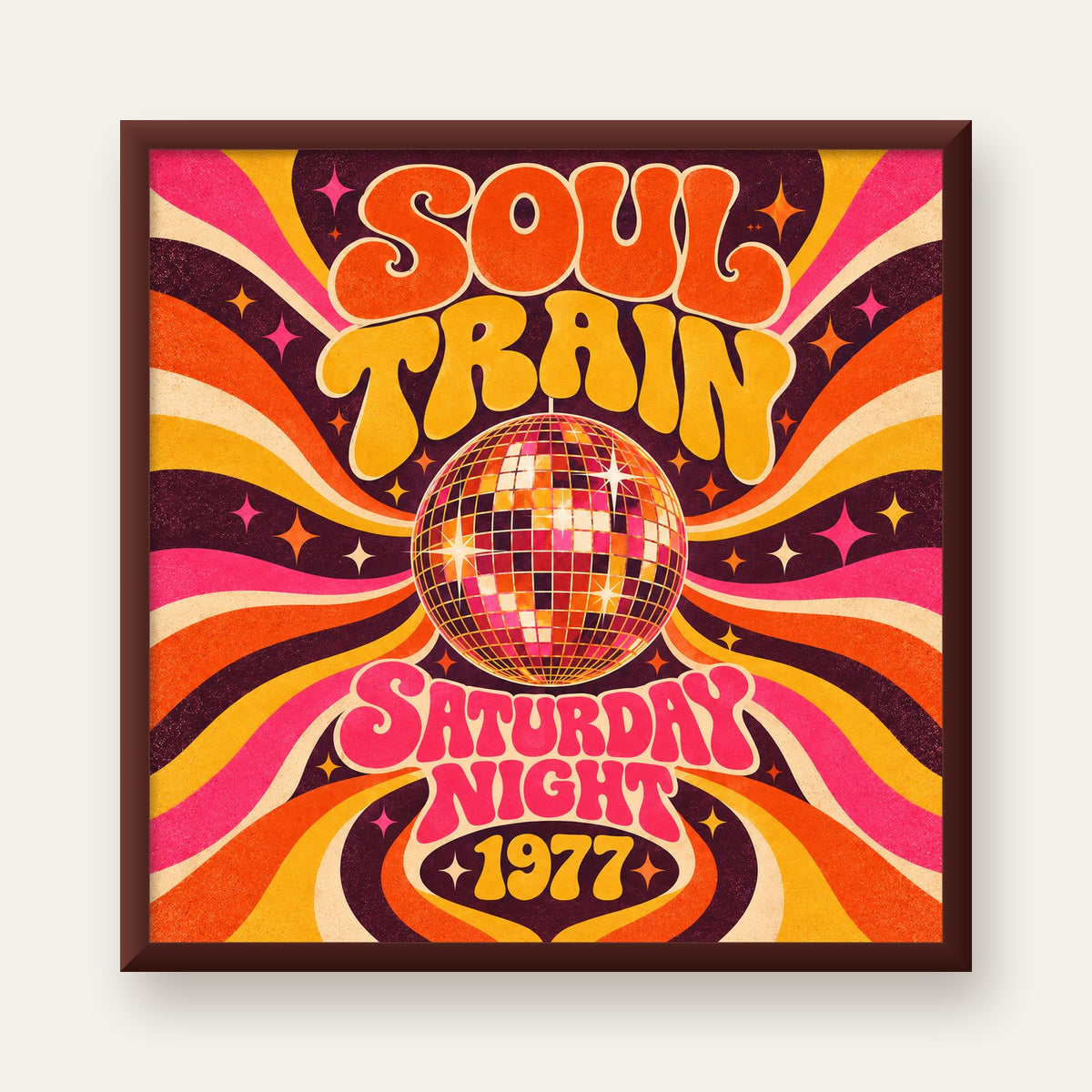 Retro Disko Topu Poster – Soul Train Saturday Night 1977 — ceviz çerçeveli