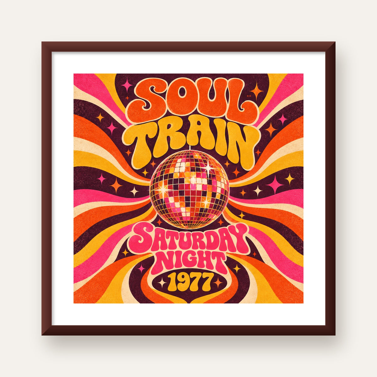 Retro Disko Topu Poster – Soul Train Saturday Night 1977 — ceviz çerçeveli paspartulu