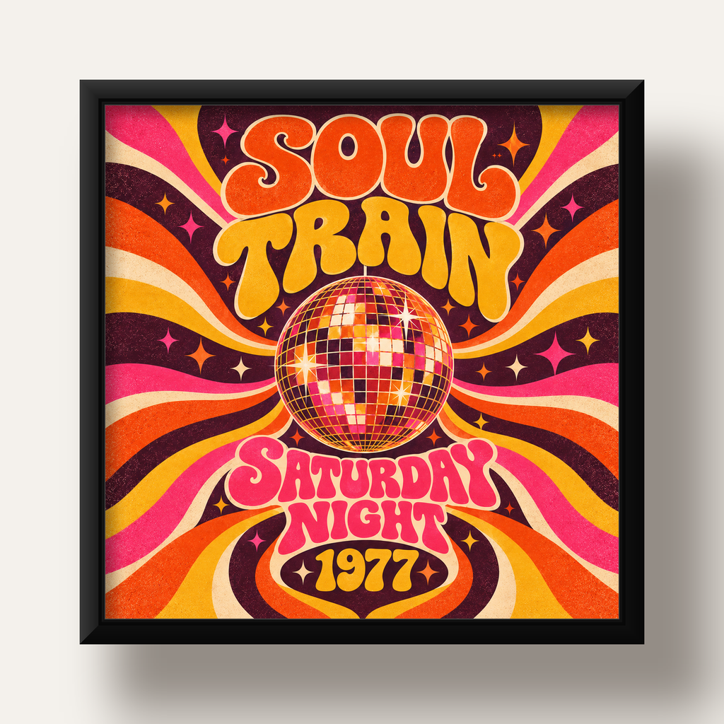 Retro Disko Topu Poster – Soul Train Saturday Night 1977 — siyah derin çerçeveli