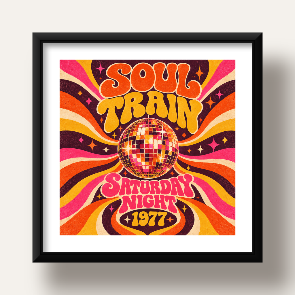 Retro Disko Topu Poster – Soul Train Saturday Night 1977 — siyah derin çerçeveli paspartulu