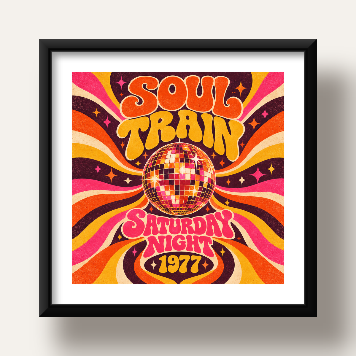 Retro Disko Topu Poster – Soul Train Saturday Night 1977 — siyah derin çerçeveli paspartulu