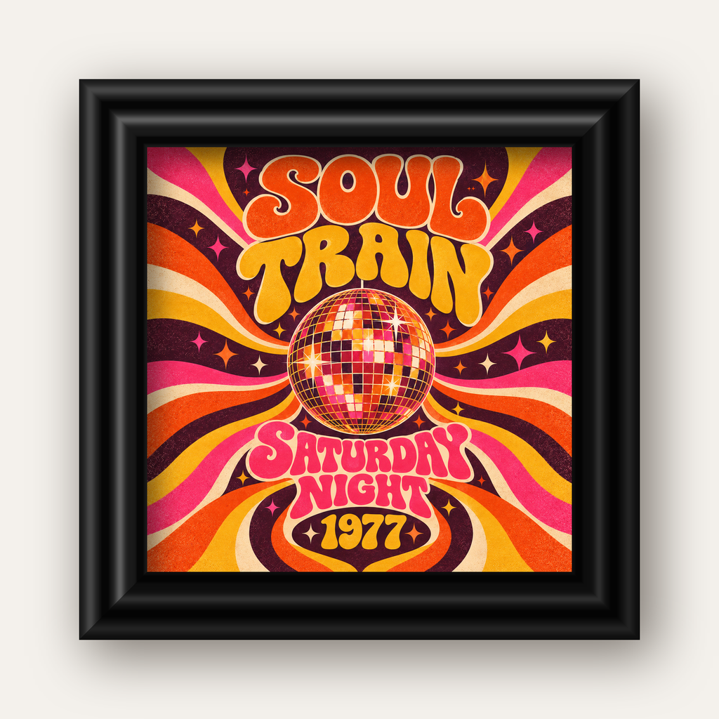Retro Disko Topu Poster – Soul Train Saturday Night 1977 — siyah galeri çerçeveli