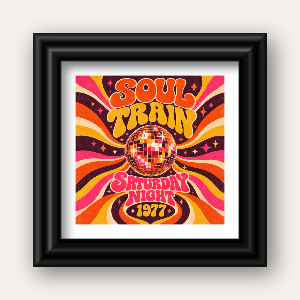 Retro Disko Topu Poster – Soul Train Saturday Night 1977 — siyah galeri çerçeveli paspartulu