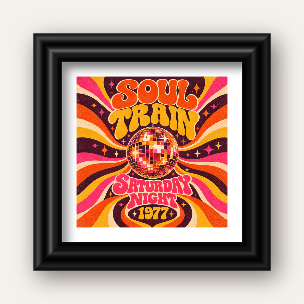 Retro Disko Topu Poster – Soul Train Saturday Night 1977 — siyah galeri çerçeveli paspartulu