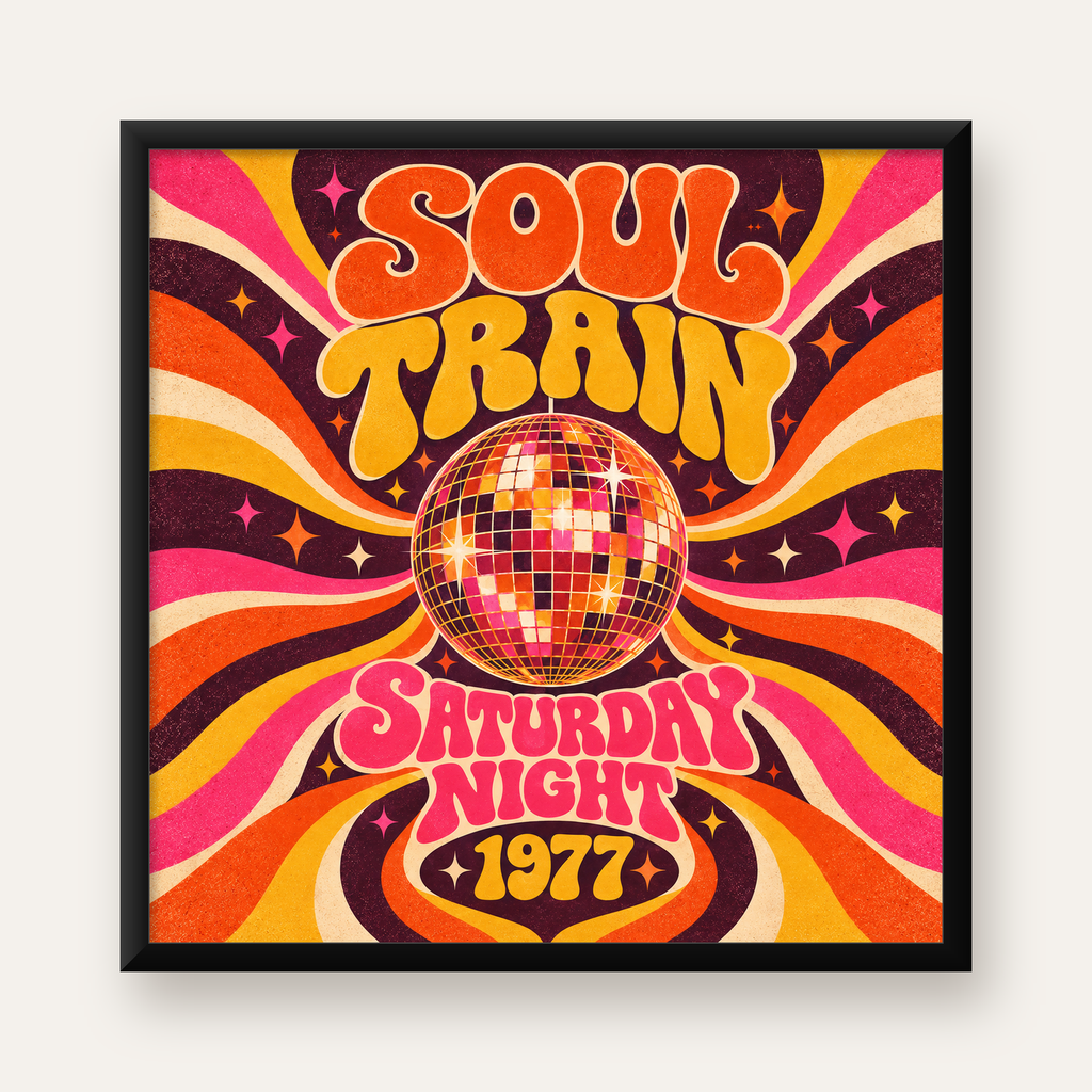 Retro Disko Topu Poster – Soul Train Saturday Night 1977 — Kare baskı, düz siyah çerçeveli duvar posteri