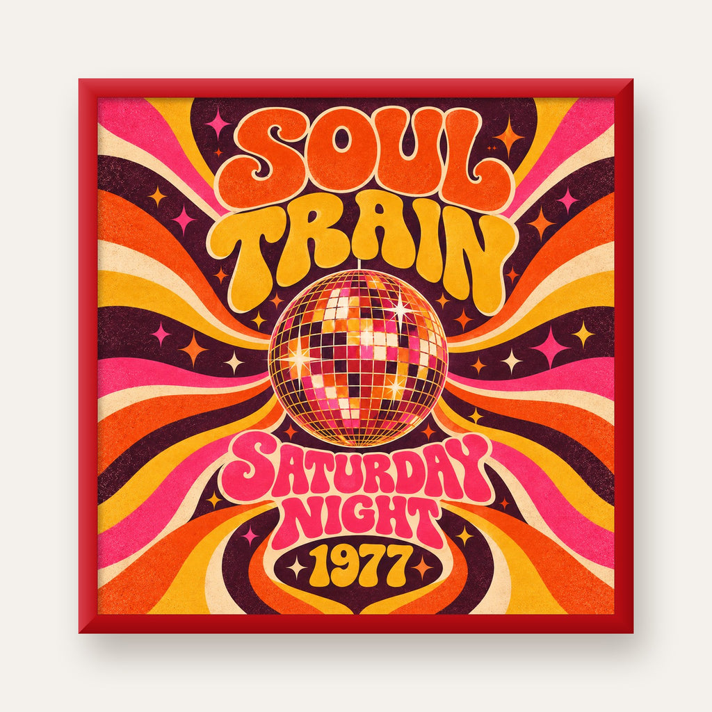 Retro Disko Topu Poster – Soul Train Saturday Night 1977 — kırmızı çerçeveli