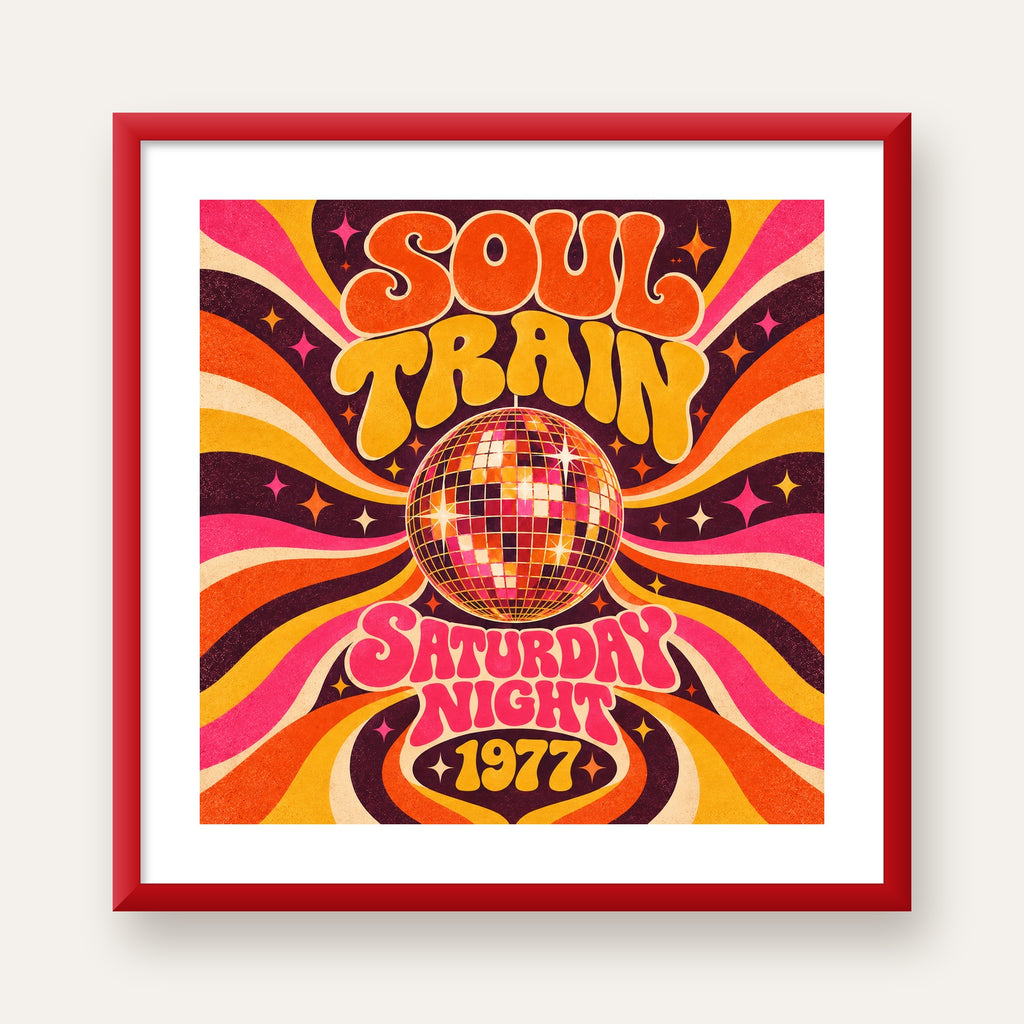 Retro Disko Topu Poster – Soul Train Saturday Night 1977 — kırmızı çerçeveli paspartulu